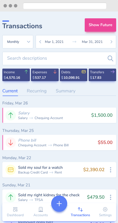 The mobile transactions view of uFincs